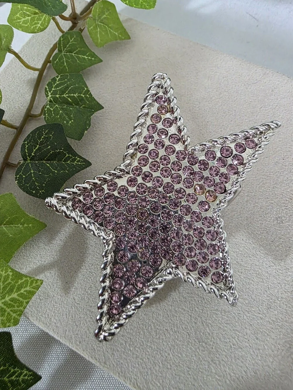 Y2K Pink Crystal Star Belt Buckle Silver Tone Rope Edge Statement